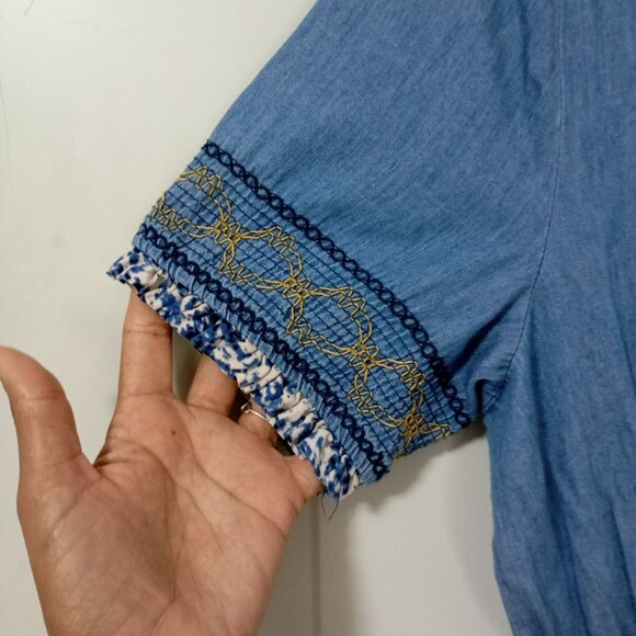 Anthropologie Lapis Maxi Dress Blue Chambray Embroidered Tiered Boho Western L - Picture 7 of 13